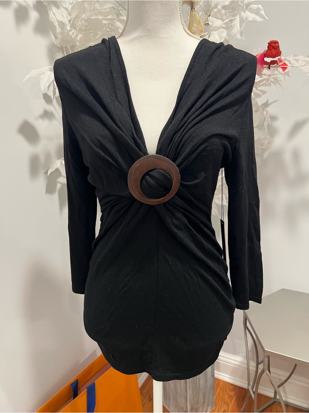 BCBGMaxAzria Black Long-Sleeve Twist Front Dress with Wood Ring